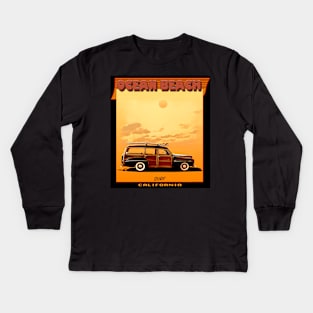 Ocean Beach California Surf Woody Wagon Kids Long Sleeve T-Shirt